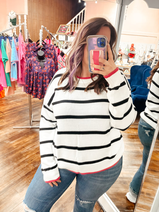 Black, White + Pink Stripe Contrast Crewneck Sweater