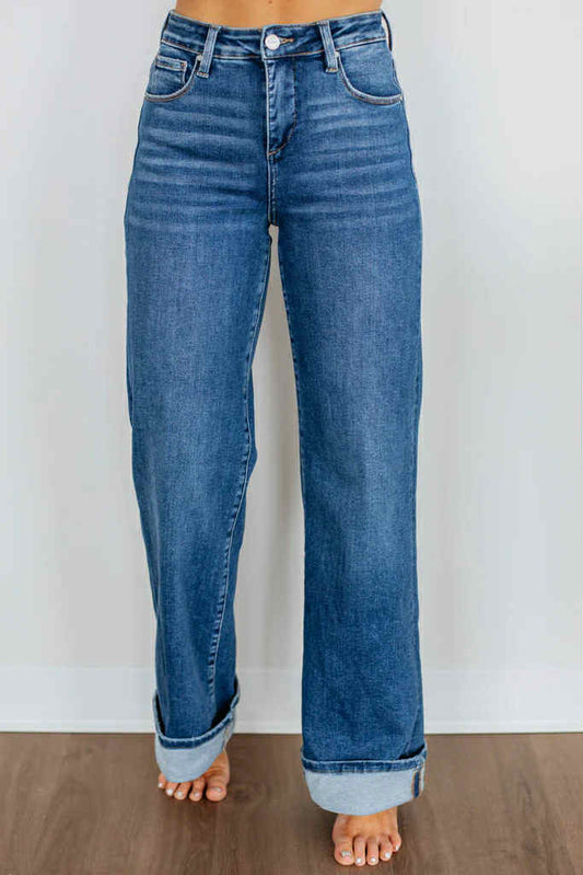 Risen Tummy Control High Rise Cuffed Wide Leg Jeans