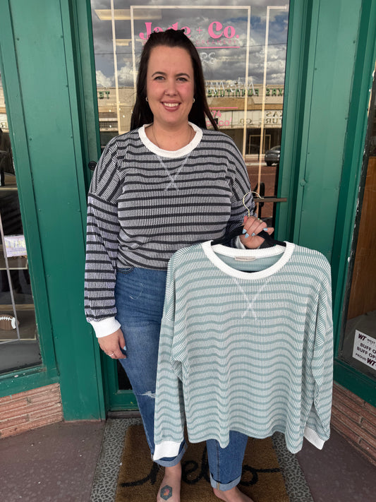 Black Raised Rib Striped Round Neck Pullover
