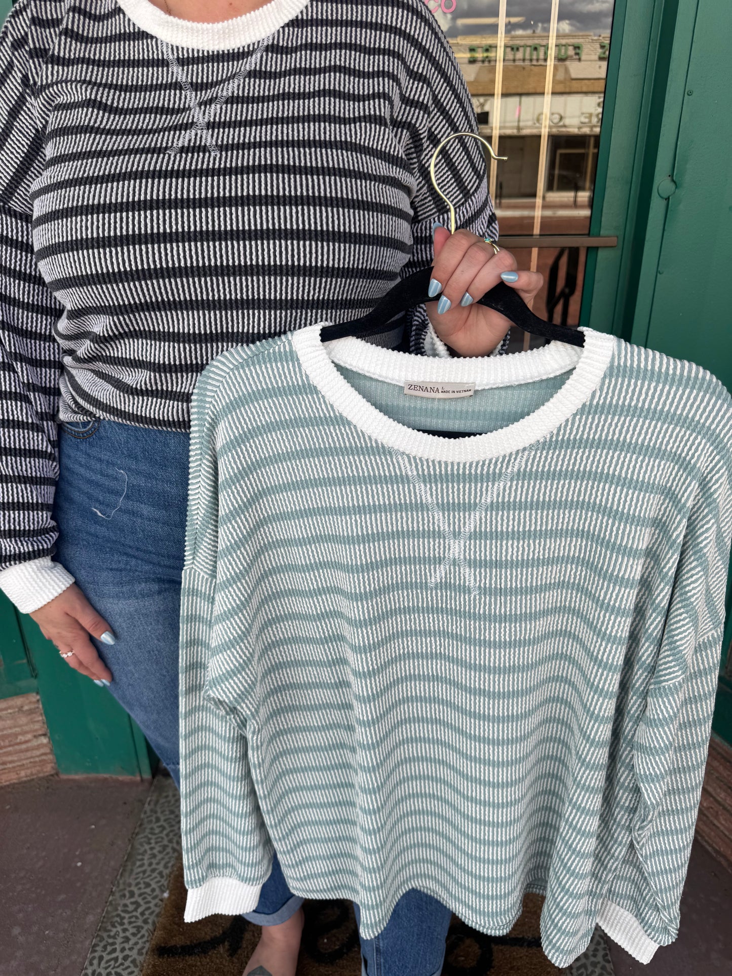 Ash Jade Raised Rib Striped Round Neck Pullover