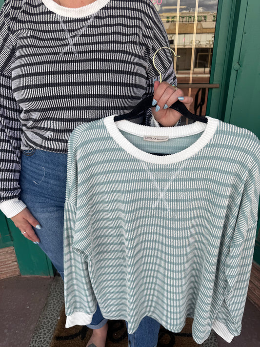 Ash Jade Raised Rib Striped Round Neck Pullover