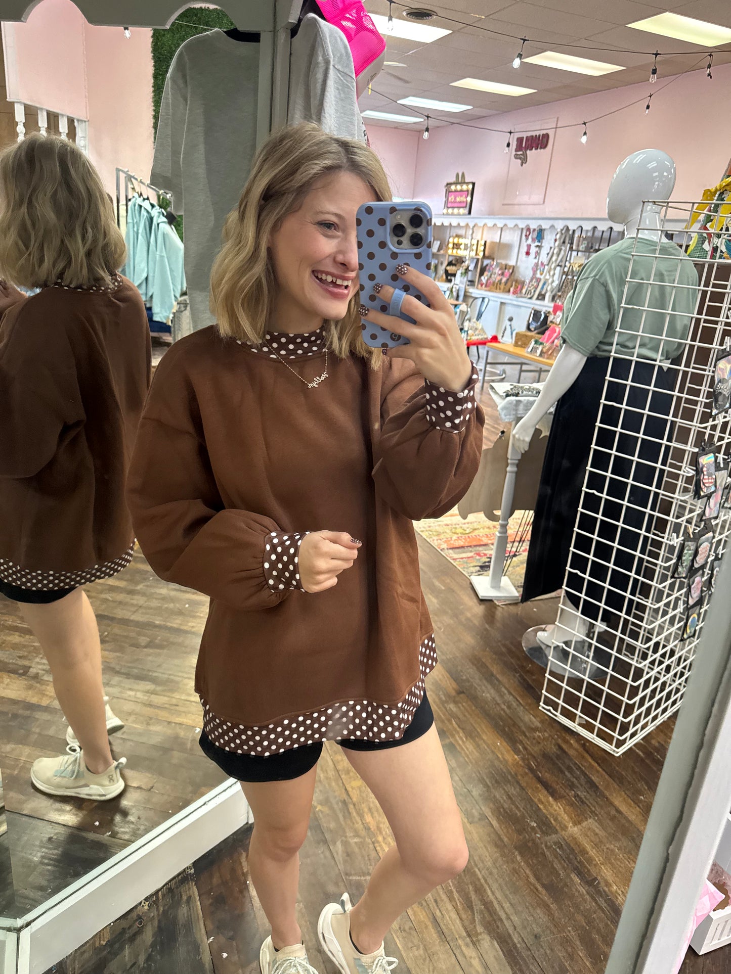Brown Polka Dot High Neck Oversized Sweatshirt