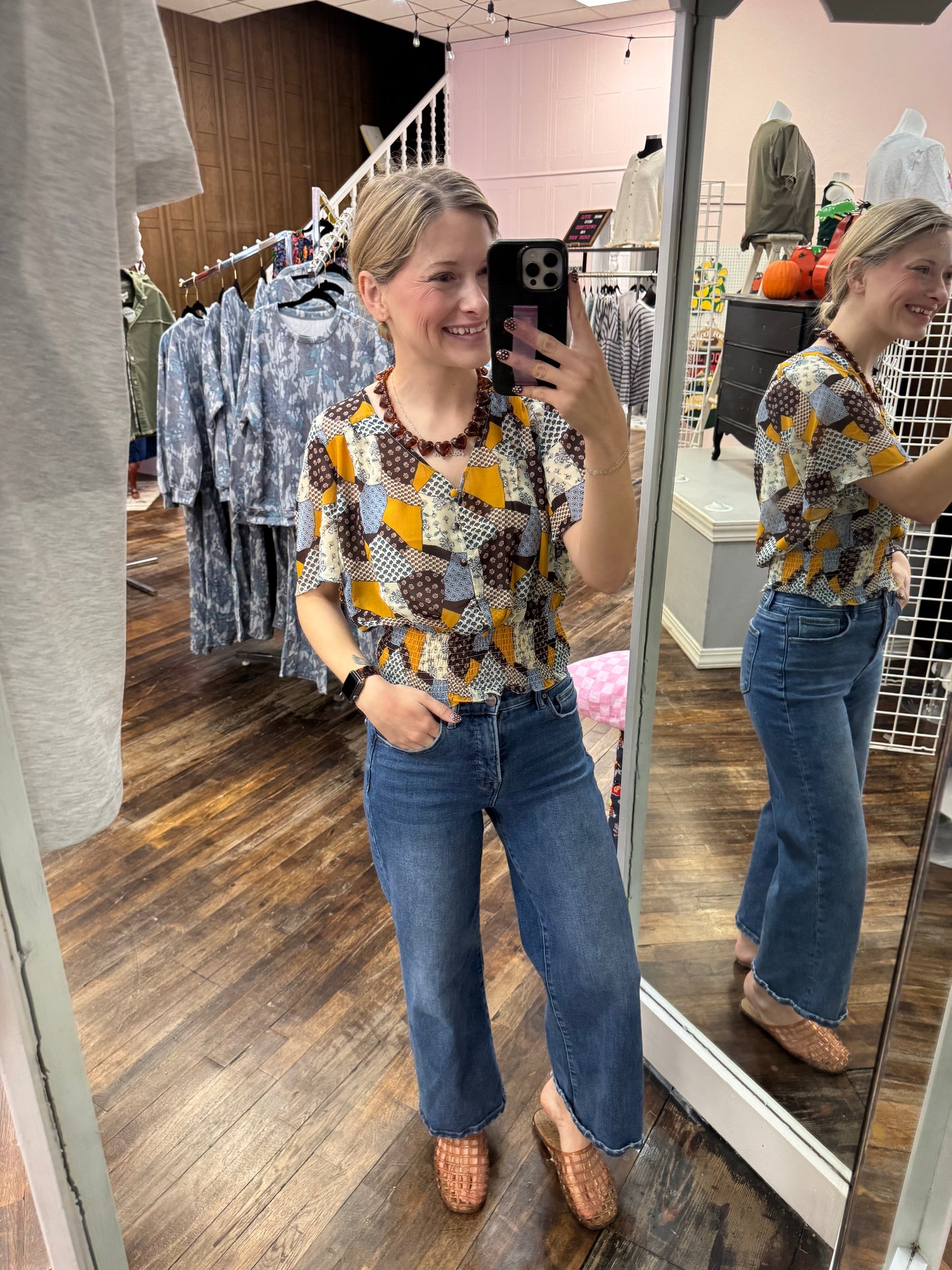 Woven Chiffon Patchwork Print Blouse