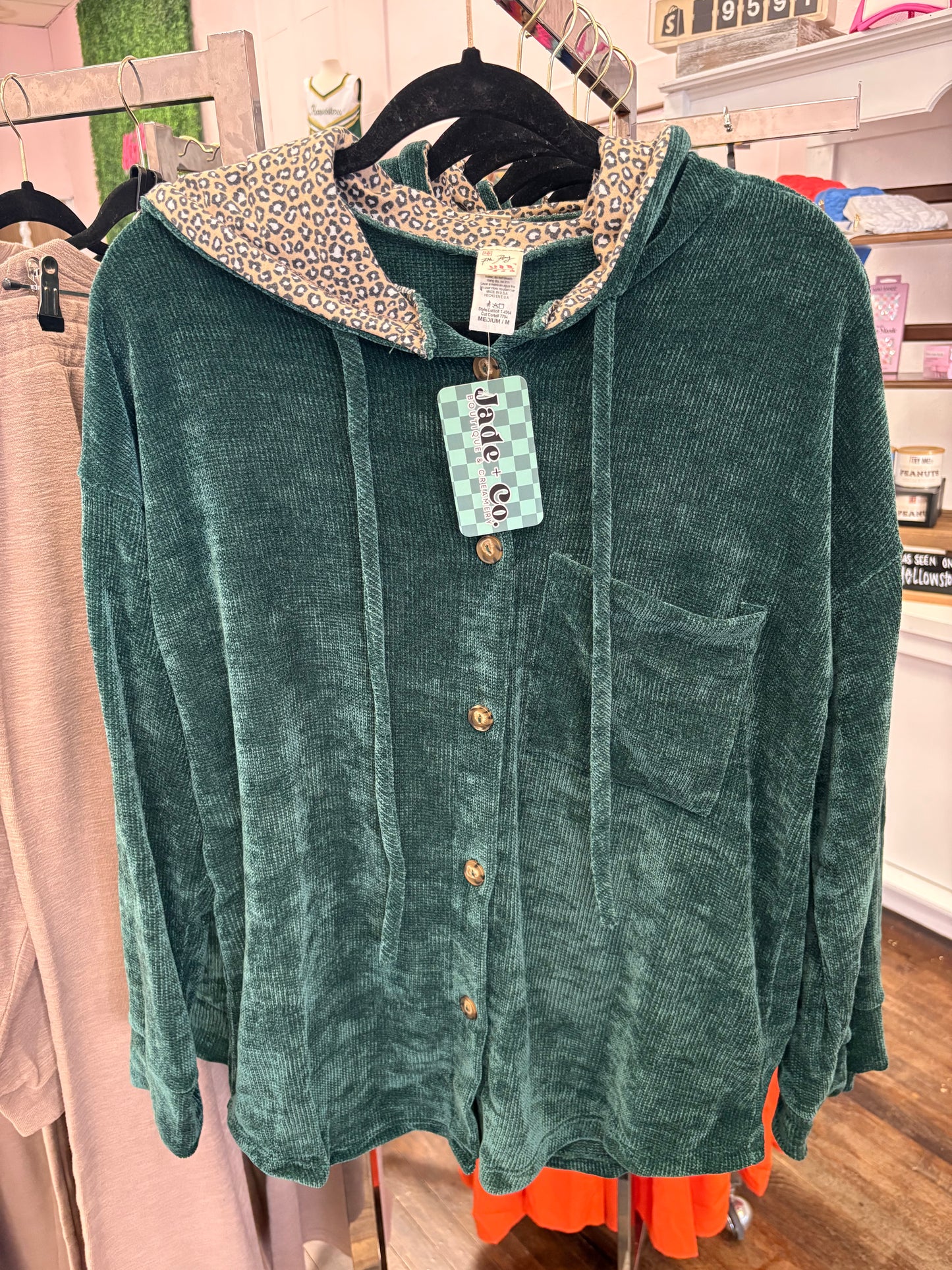 Green Chenille Button Hooded Shacket