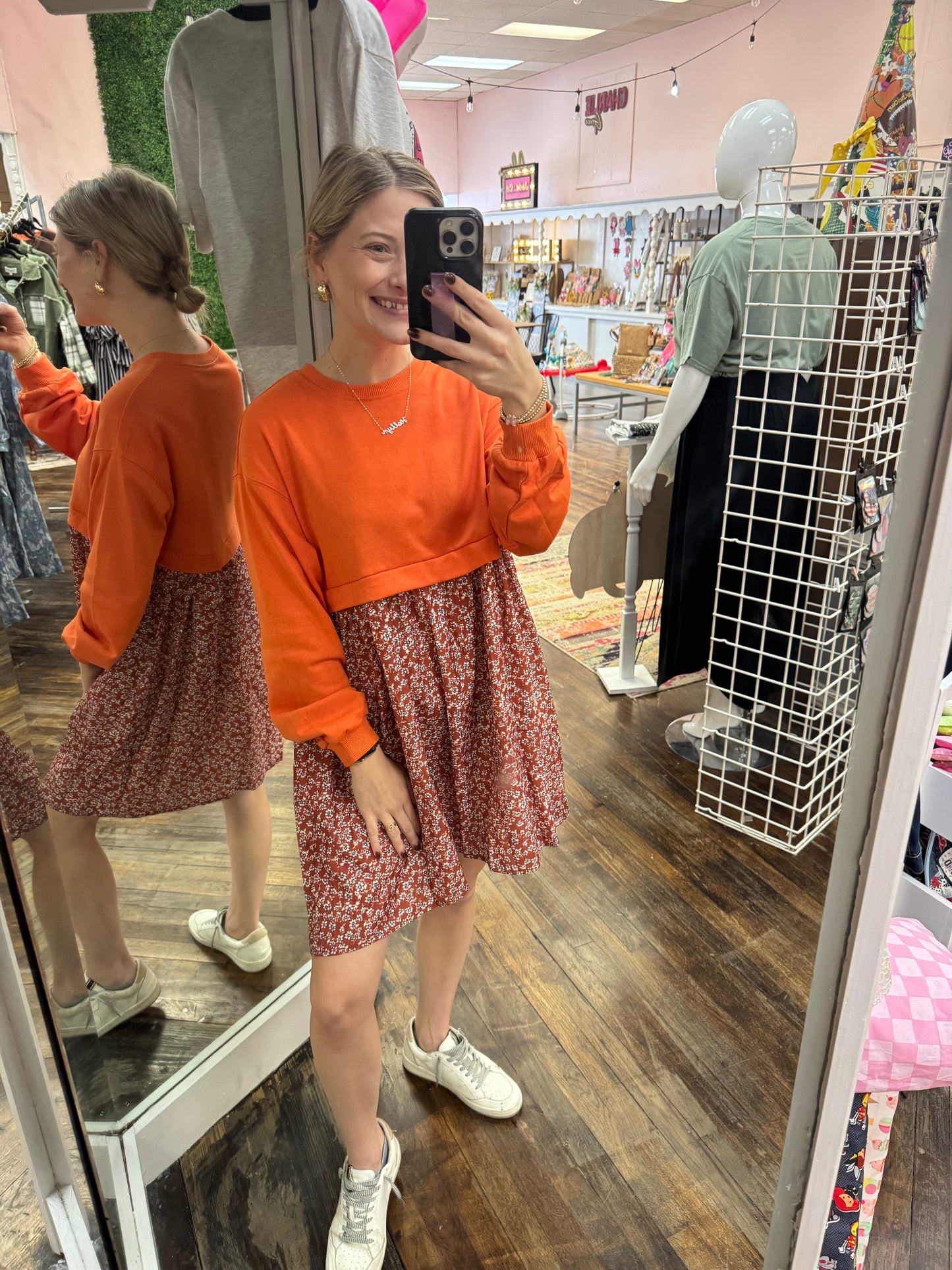 Pumpkin Spice Long Sleeve Top Patchwork Floral Flared Mini Dress