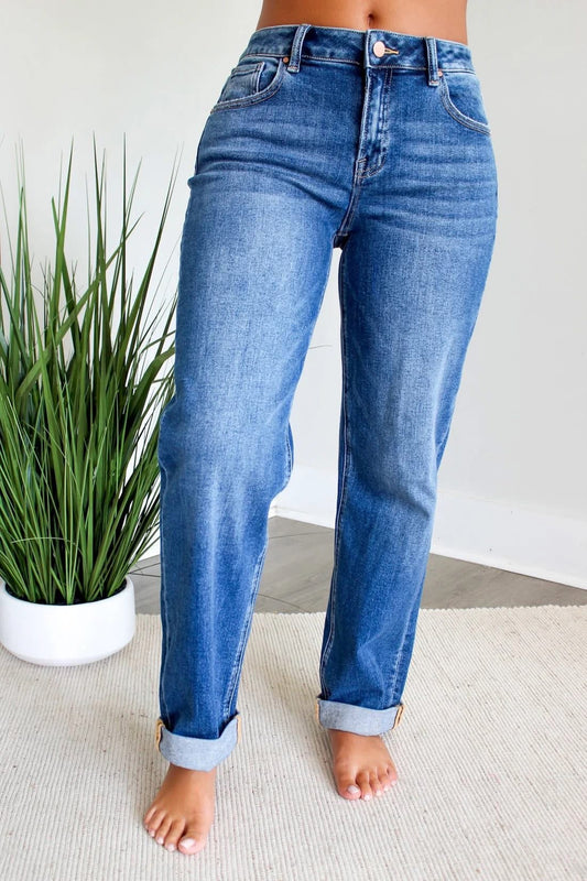 RISEN HIGH RISE RELAXED FIT ANKLE STRAIGHT JEANS WITH CUFF