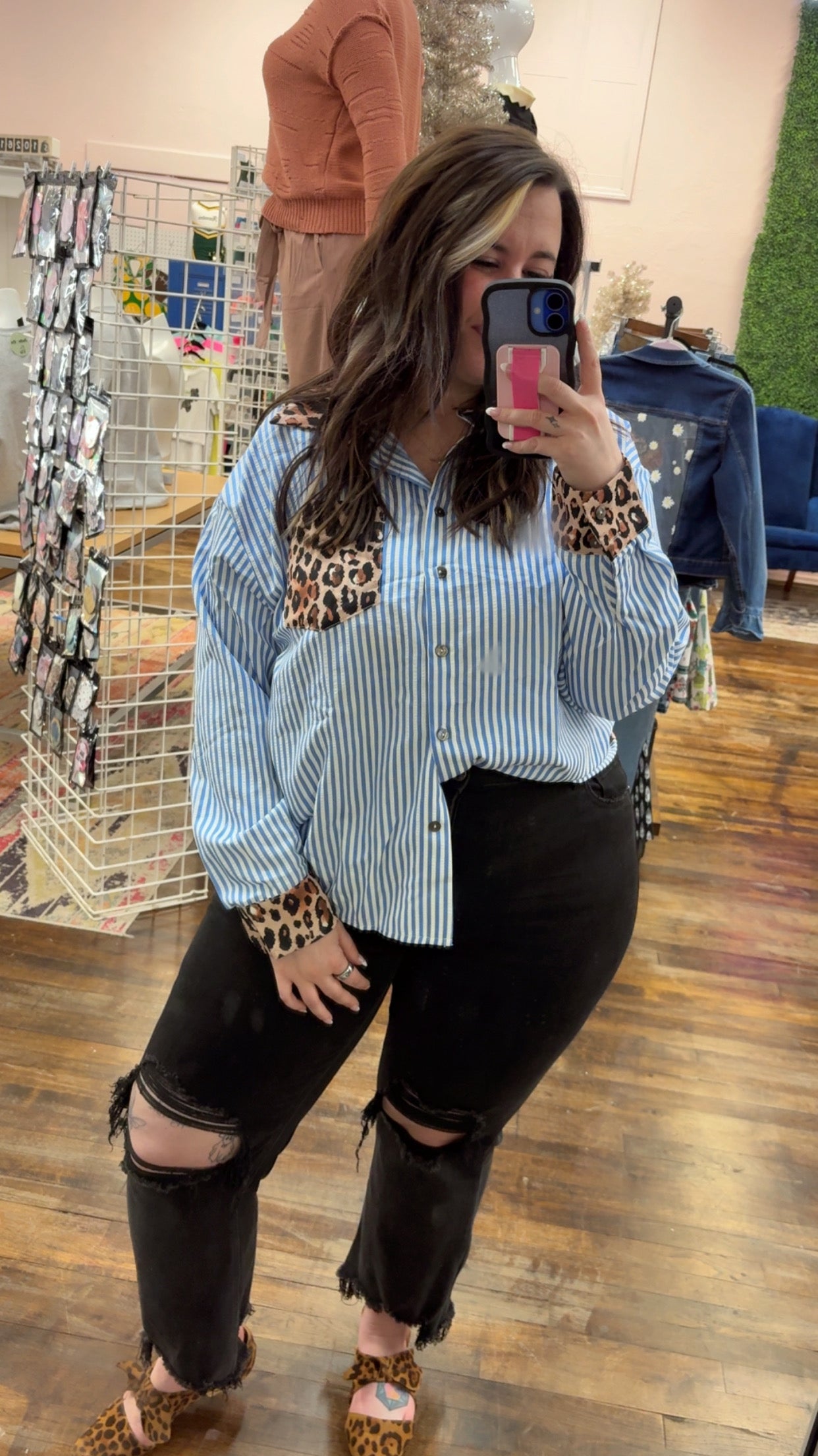 Stripe Leopard Patchwork Button-Up Shirt