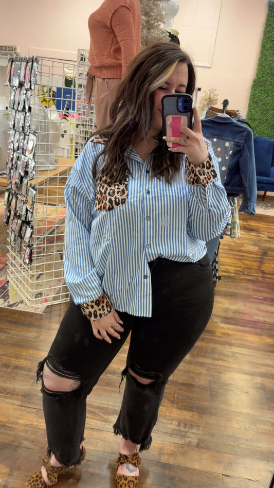Stripe Leopard Patchwork Button-Up Shirt