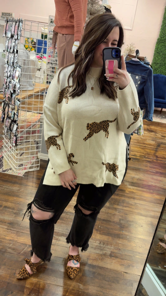 Cheetah Mock Neck Split Hem Sweater