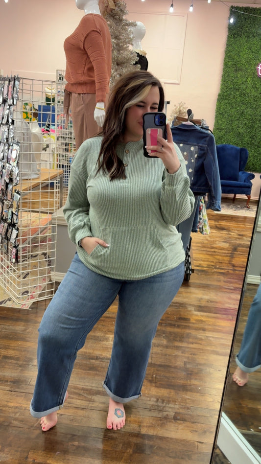 Clearly Aqua Solid Ribbed Knit Drop Shoulder Henley Top