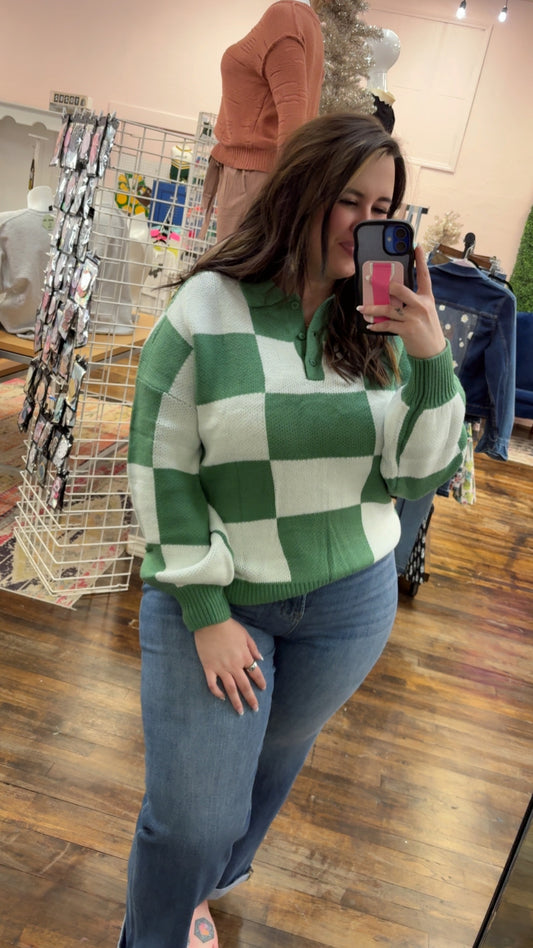 Green Checkered Collared Long Sleeve Sweater