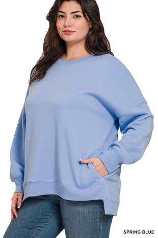 Cornflower Blue Fleece Hi-low Boyfriend Sweatshirts w/ Pockets