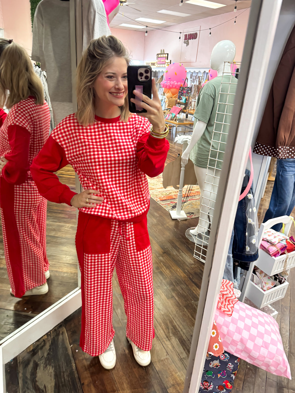 Red Color Block Plaid Patchwork Pullover Wide Leg Pant Set