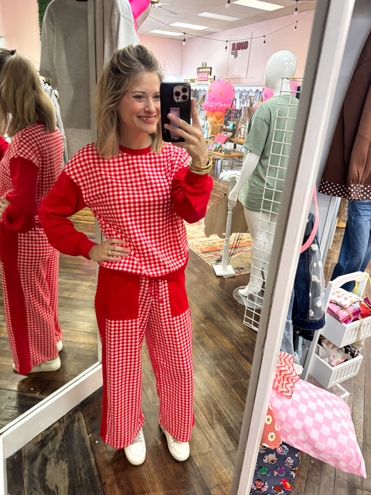 Red Color Block Plaid Patchwork Pullover Wide Leg Pant Set