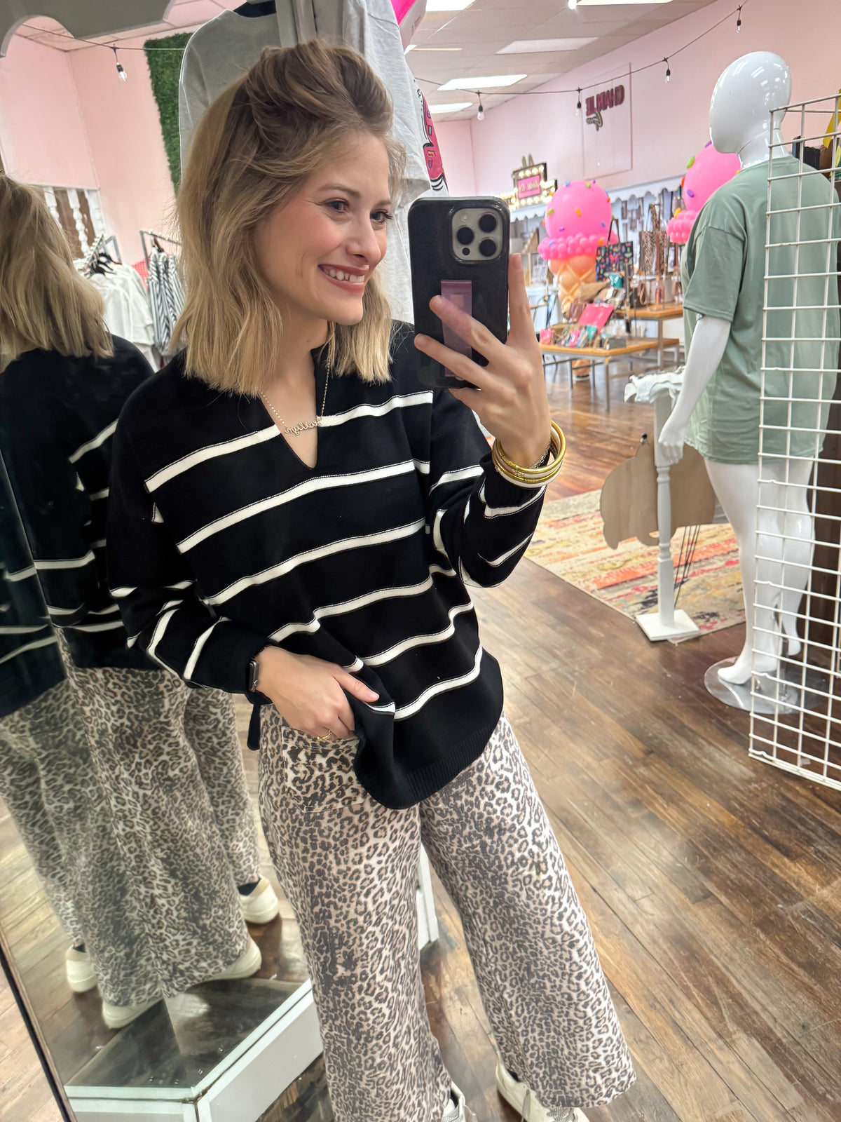 Viscose Split Neck Striped Sweater