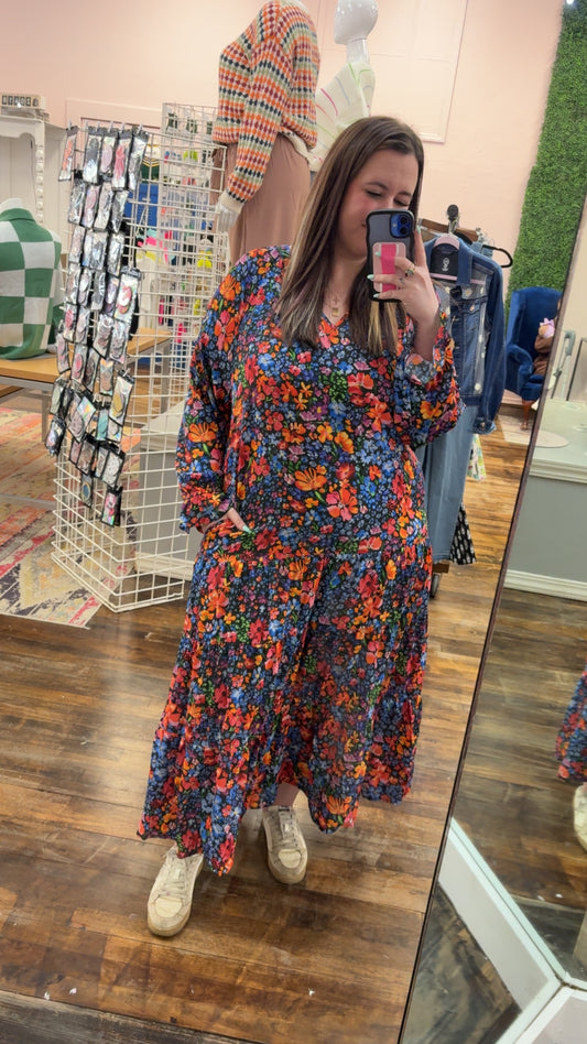 Floral V-Neck Long Sleeve Maxi Dress