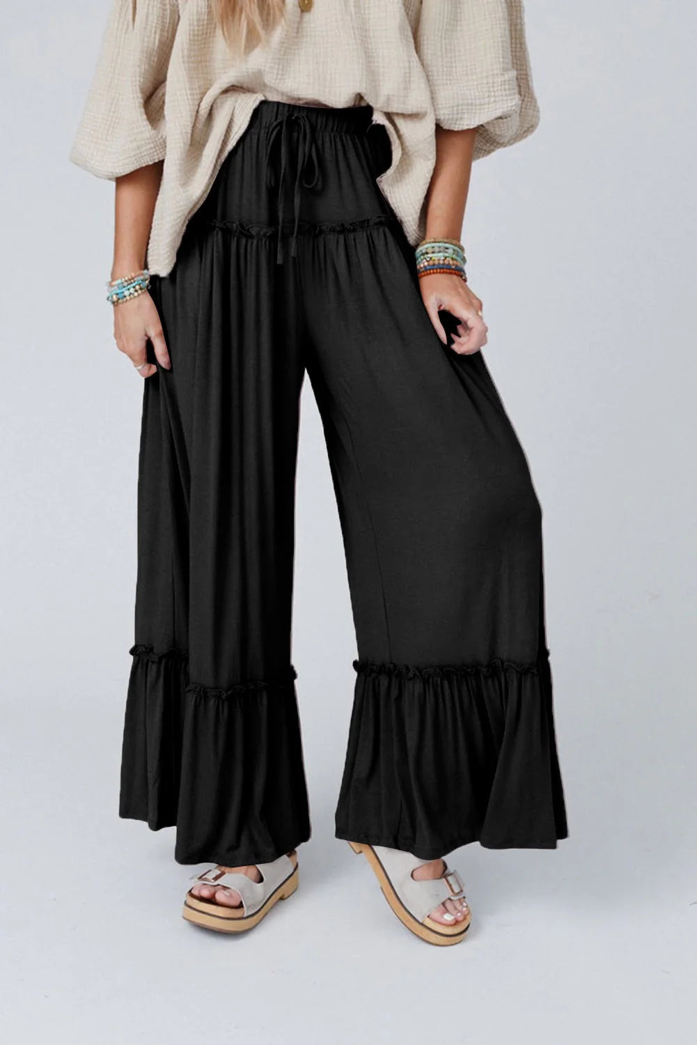 Black Flowy Tiered Pant