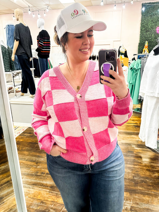 Pink Checkered Cardigan