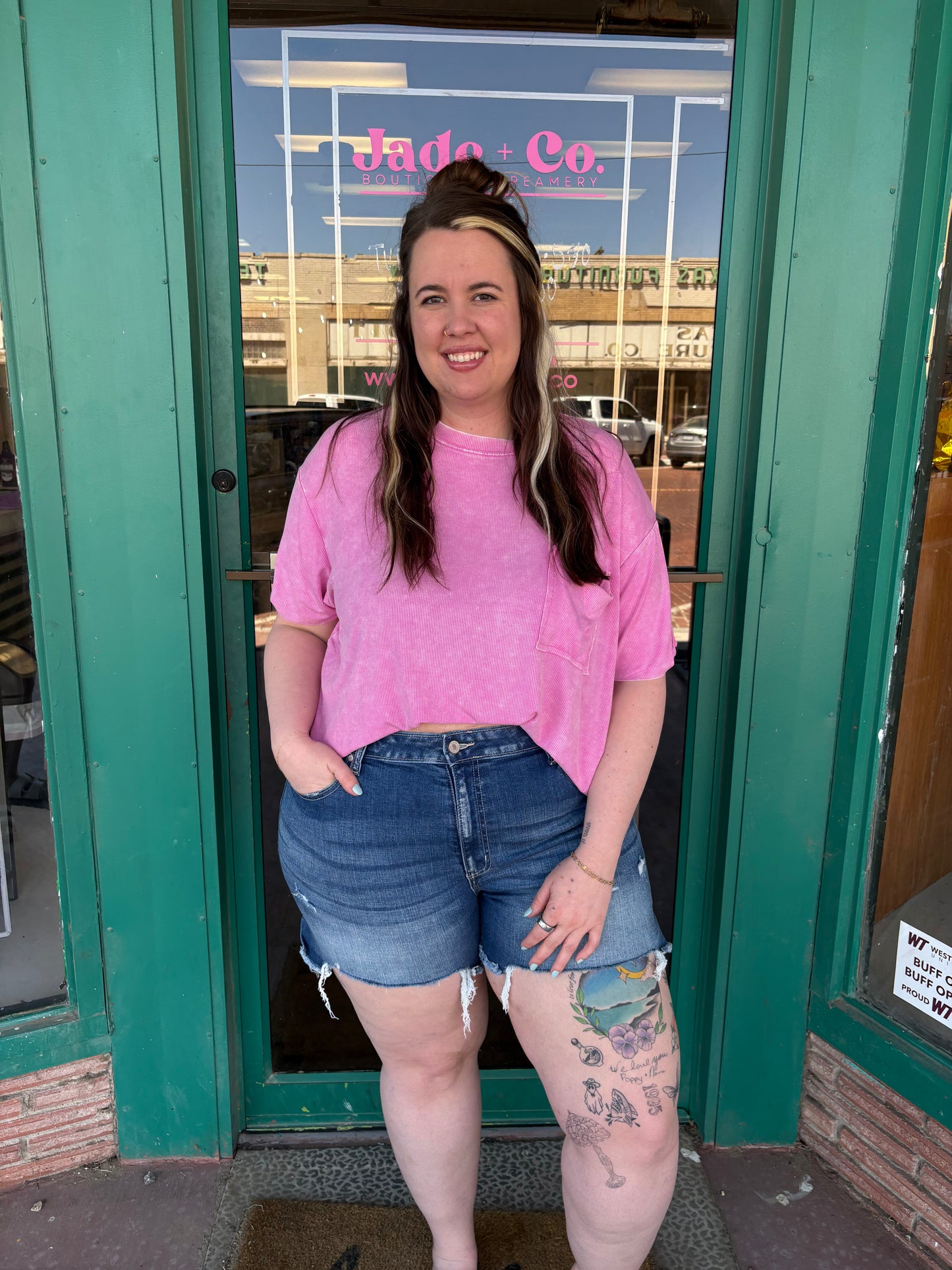 Candy Pink Washed Ribbed Cuffed Short Sleeve Round Neck Top