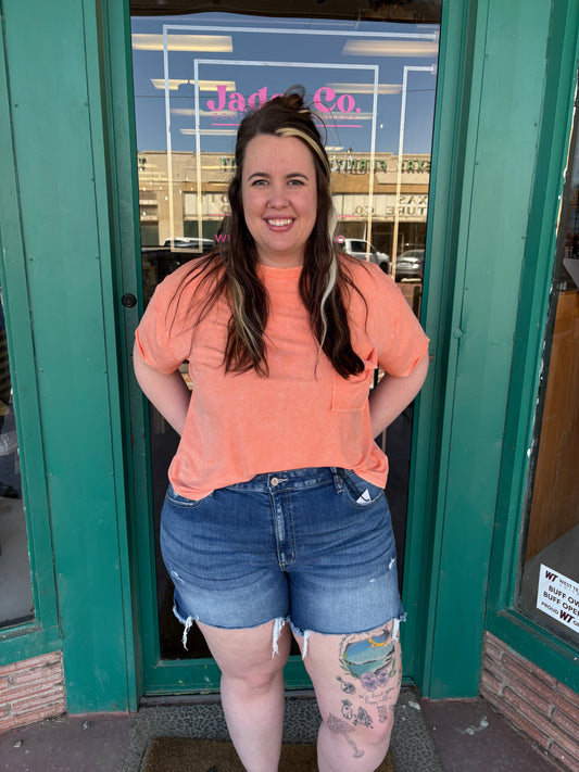 Coral Washed Ribbed Cuffed Short Sleeve Round Neck Top