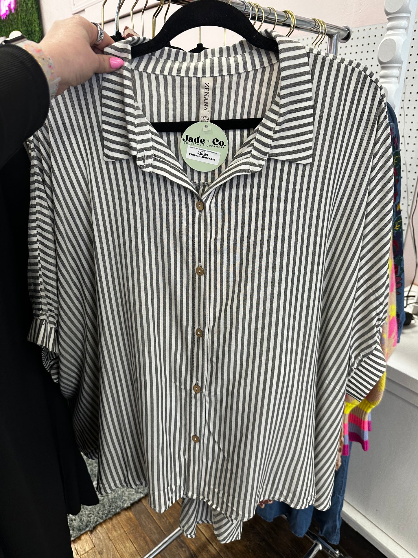 Rayon Striped Short Sleeve Button Up Blouse