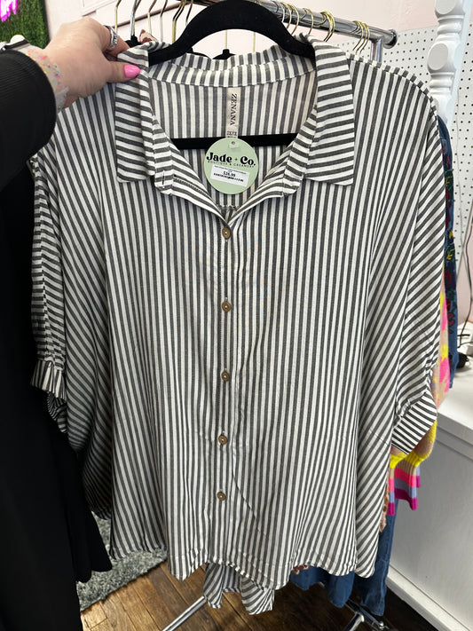 Rayon Striped Short Sleeve Button Up Blouse