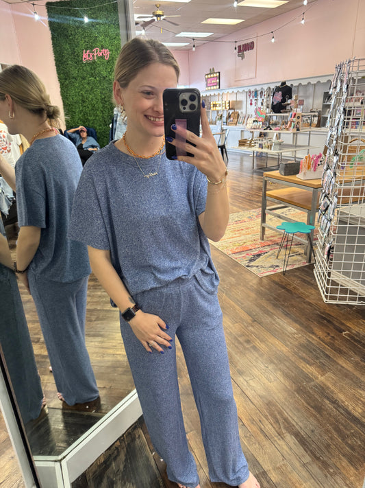 Navy Soft Melange Short Sleeve Tee & Long Pants Set