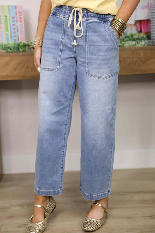 RISEN ELASTIC BAND SLOUCHY CROPPED BAGGY JEANS WITH PATCH POCKETS