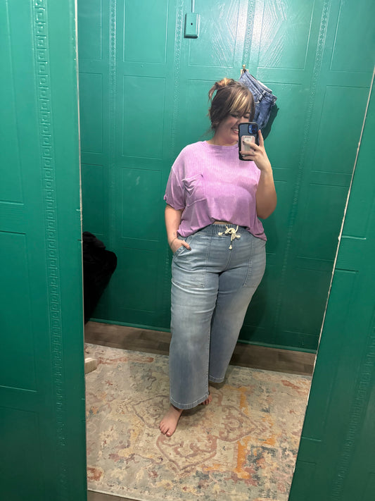 RISEN ELASTIC BAND SLOUCHY CROPPED BAGGY JEANS WITH PATCH POCKETS