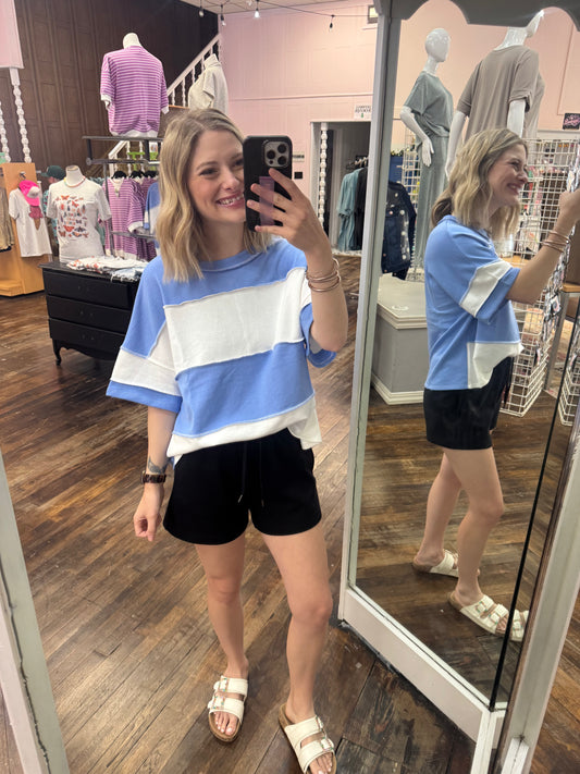 Cornflower Blue French Terry Color Block Exposed Seam Top