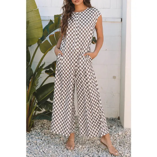 Khaki Checker Sleeveless Buttoned Crewneck Jumpsuit