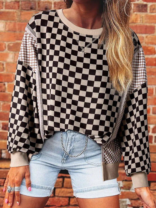 PRE-ORDER ETA DEC 17: Khaki Checker Patchwork Long Sleeve Top