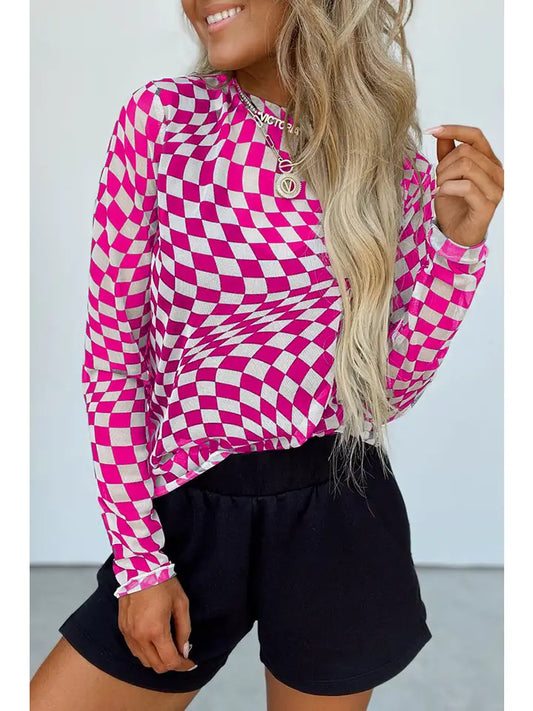 Rose Checker Mesh Long Sleeve Top