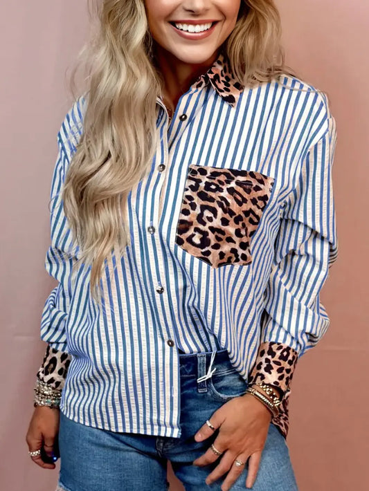 PRE-ORDER ETA DEC 17: Stripe Leopard Patchwork Button-Up Shirt