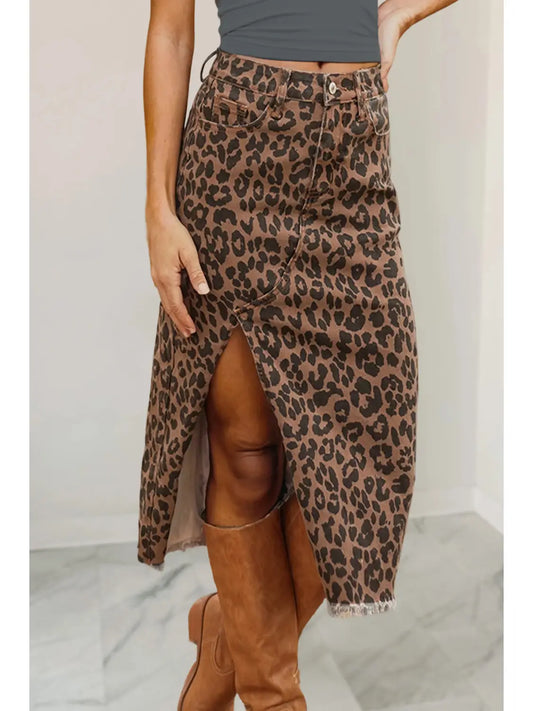 PRE-ORDER ETA DEC 17: Leopard Print Split Denim Midi Skirt