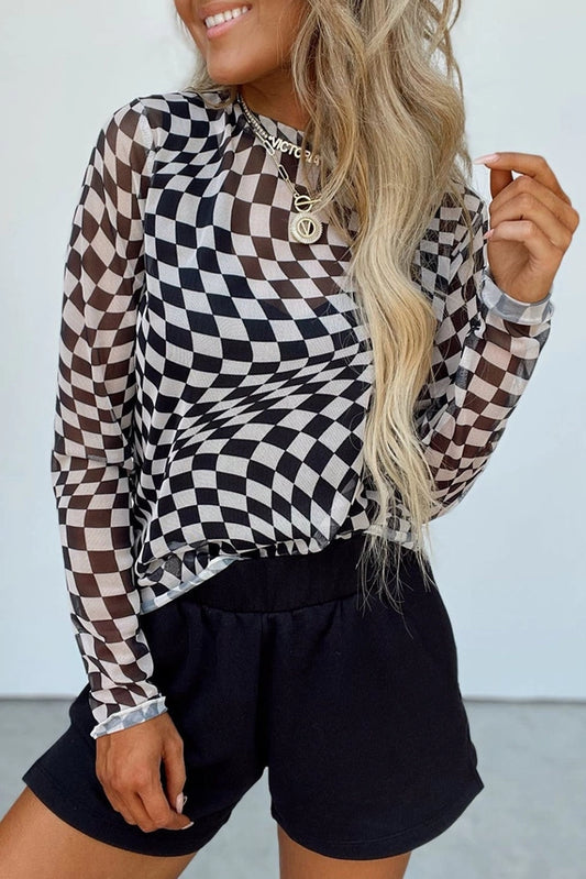 Black Checker Mesh Long Sleeve Top