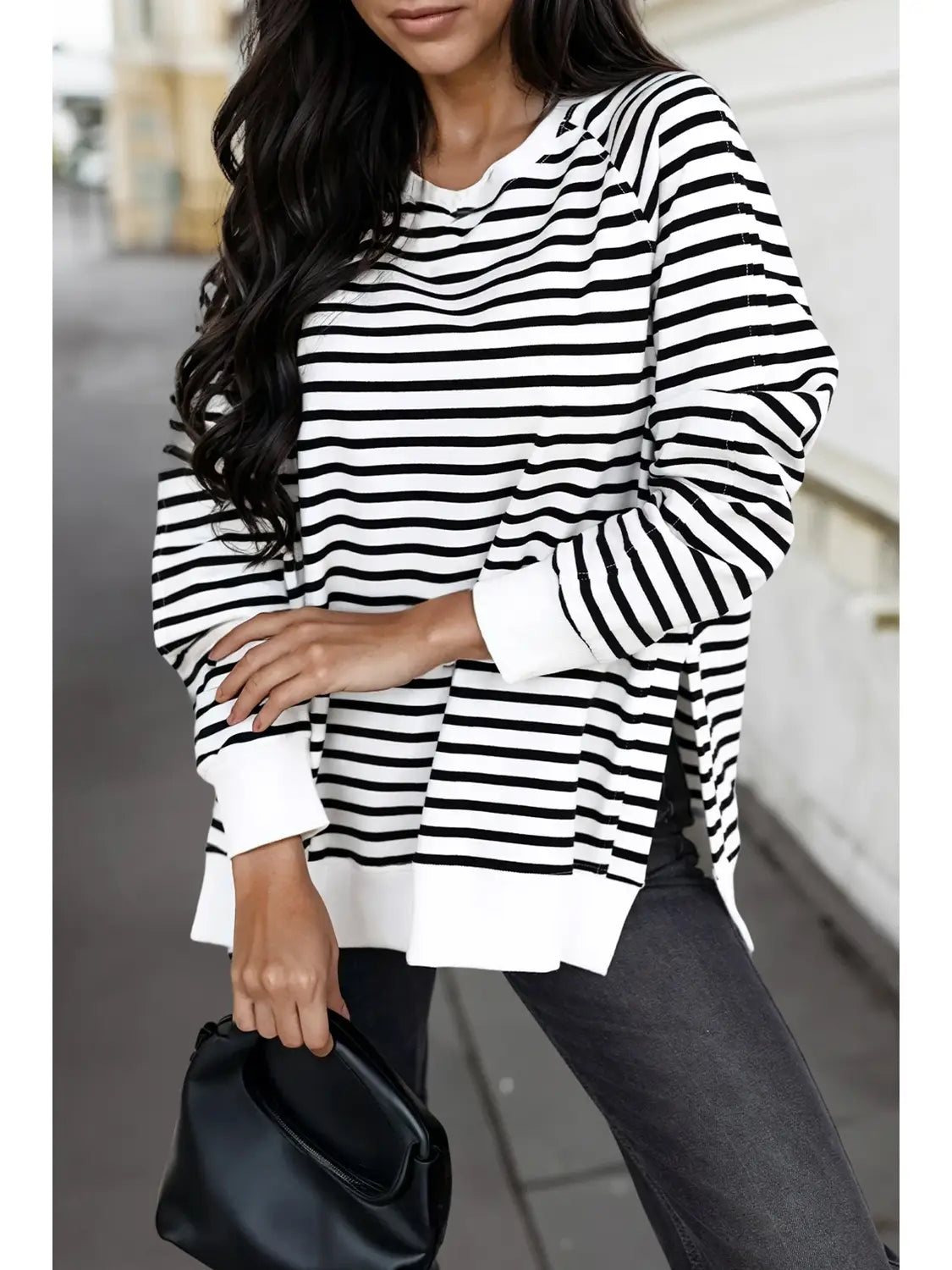 PRE-ORDER ETA DEC 17: Stripe Raglan Sleeve Side Slits Loose Sweatshirt