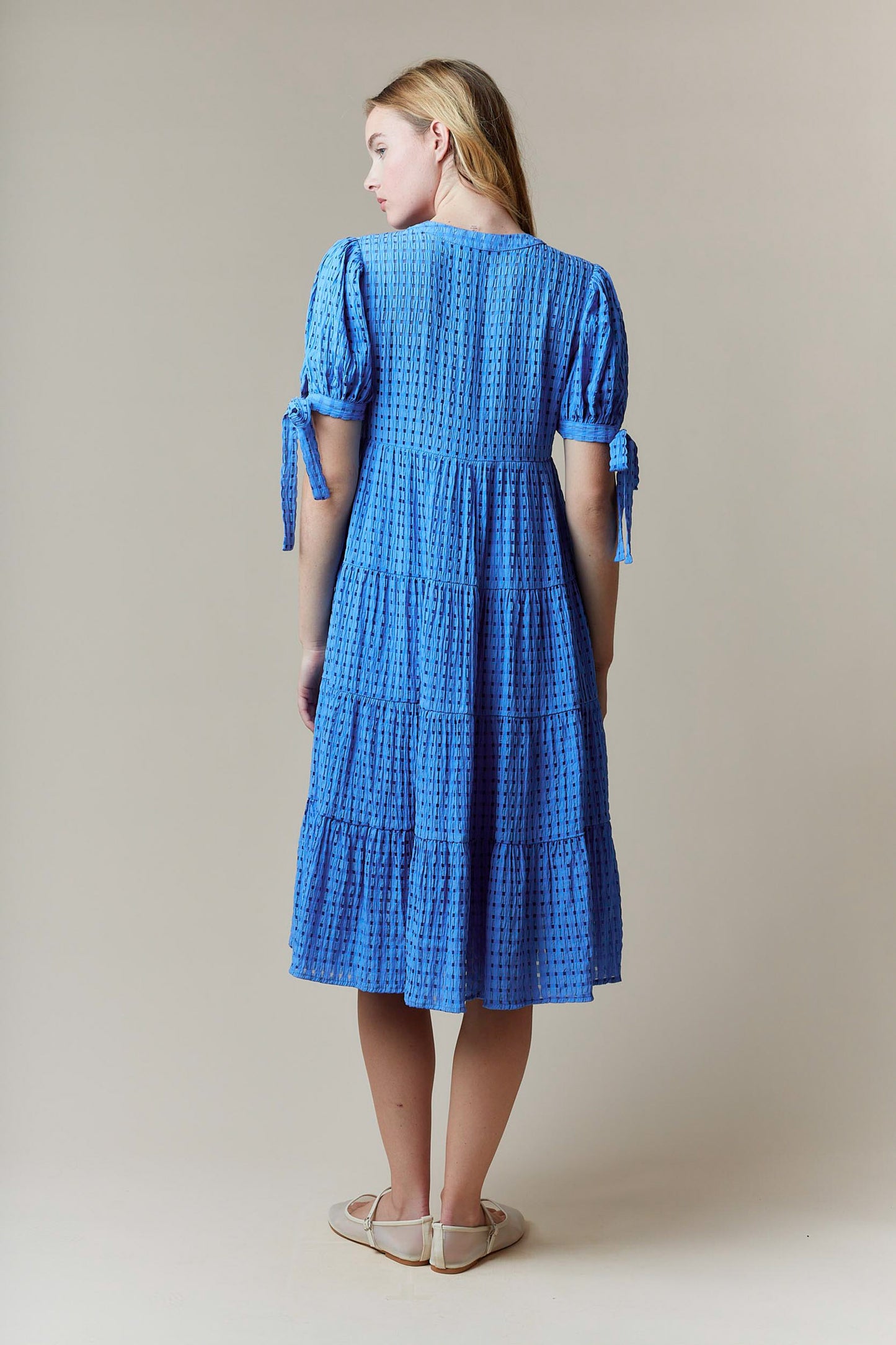 Blue Gingham Tiered Midi Dress