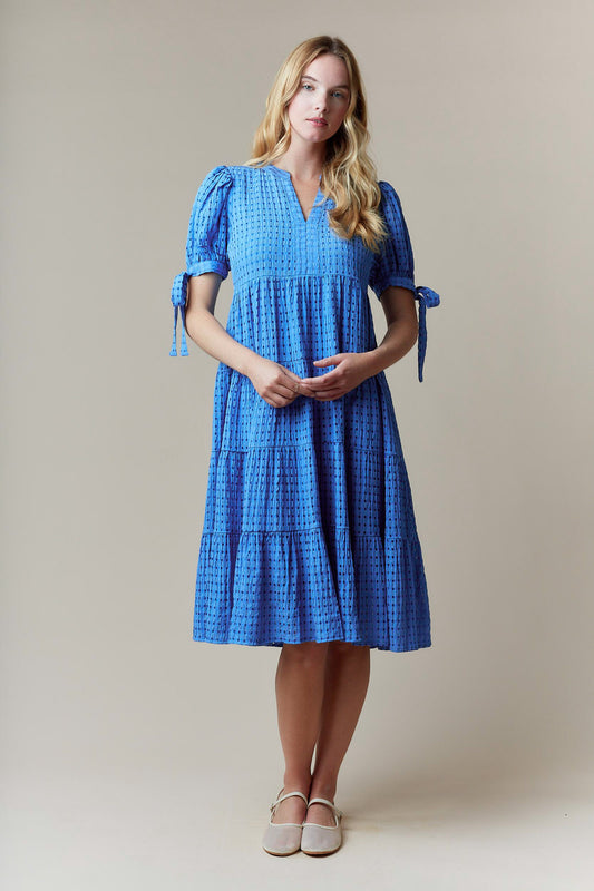 Blue Gingham Tiered Midi Dress