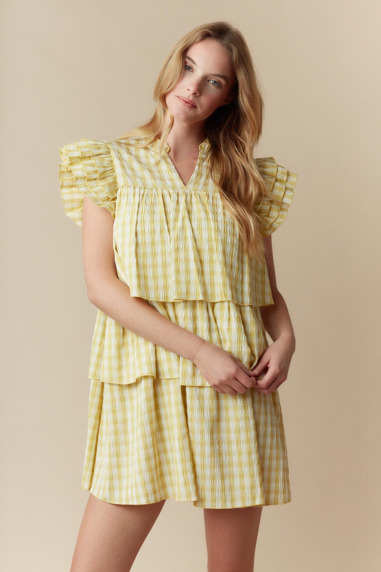 Yellow Gingham Tiered Mini Dress with Ruffle Sleeve