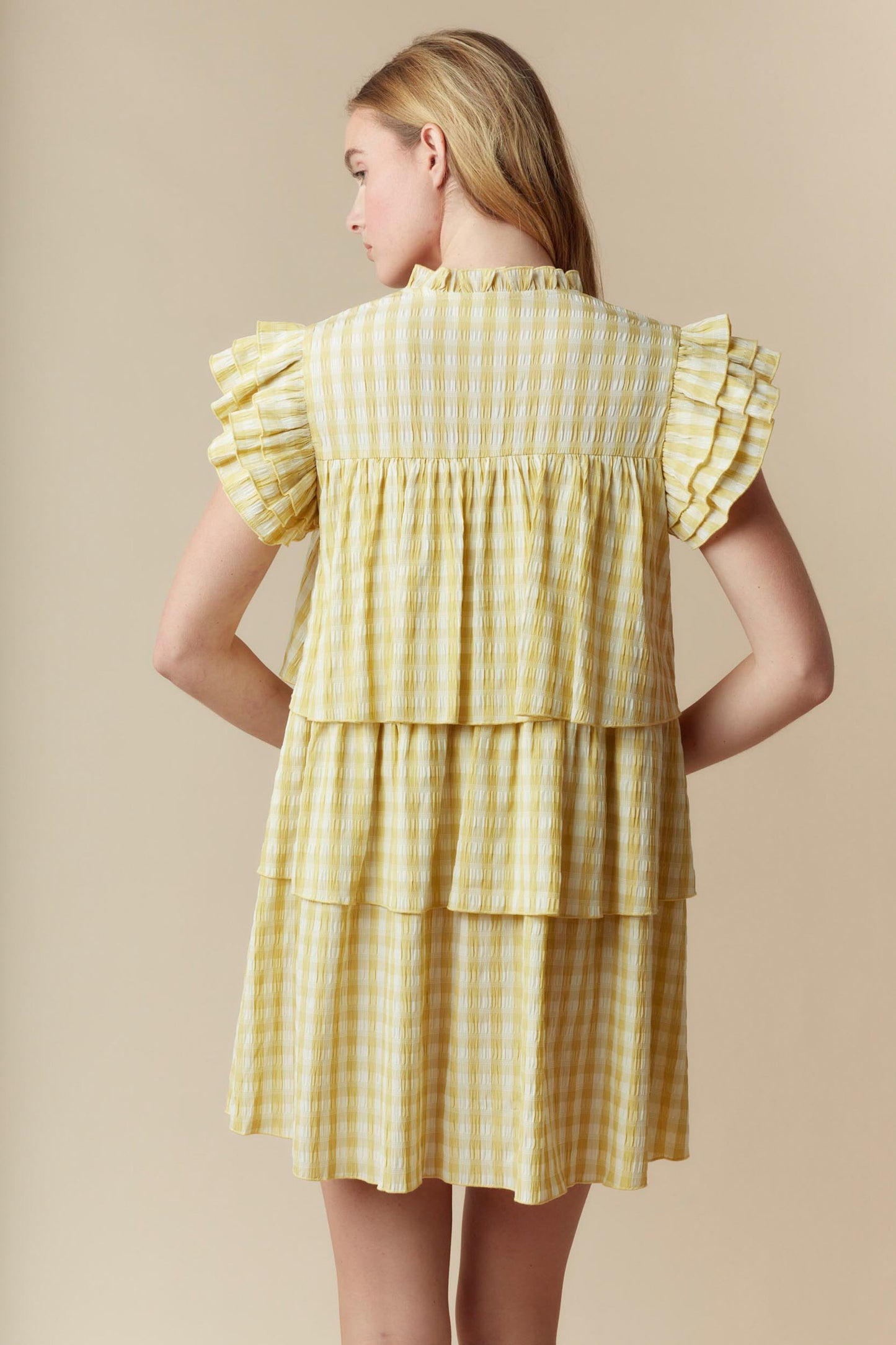 Yellow Gingham Tiered Mini Dress with Ruffle Sleeve